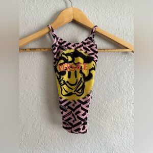 Versace Pink Graffiti Print Smiley Face One Piece Swimsuit